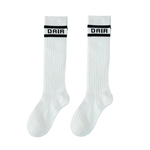 Striped women's mesh hollow knitted spring and autumn mid-length calf socks autumn Internet celebrity thin D family letter socks ins trend