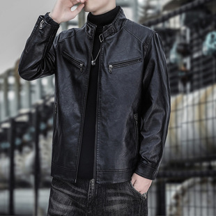 Cross-Border Wholesale Cross-Border Leather Jacket Men's Leather Jacket Autumn and Winter Korean Style Trendy Stand-Up Collar Motorcycle Jacket Work Jacket Autumn