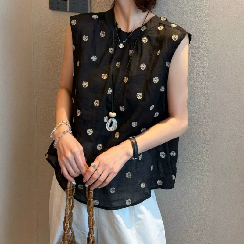 French-Style Retro Polka Dot Print Sleeveless Shirt for Women, 2026 Summer Design with Unique Back Tie, Chic Blouse Top