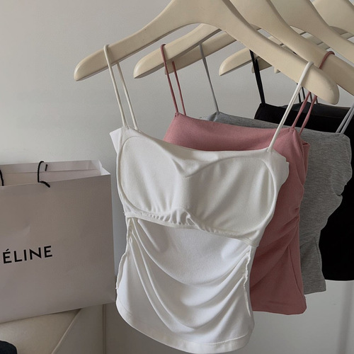 Korean versatile bra thin shoulder small suspender new style chest pad integrated strap slim fit pleated bottom vest for women