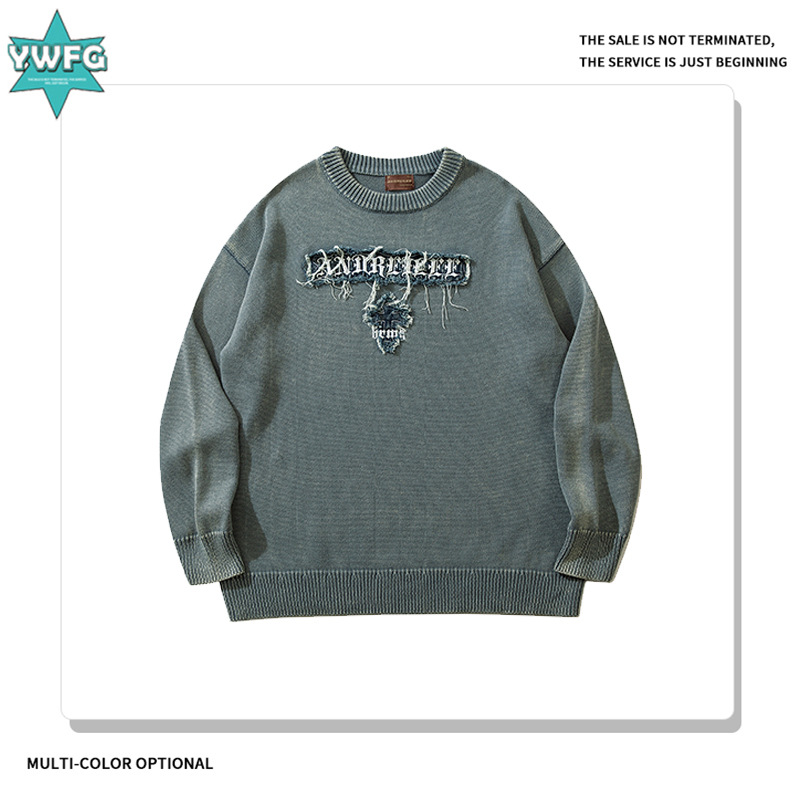 YWFG marca de moda americana retro letras 2024 primavera pareja alta versátil cuello redondo manga larga suéter de punto image 1