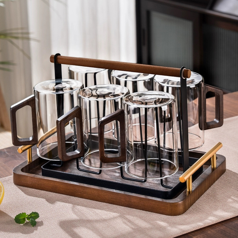 Glass Cup Set for Home Living Room, High Temperature Resistant Green Tea Cup, Large Capacity Water Cup with Handle, 6 Drinking Cups for Entertaining Guests