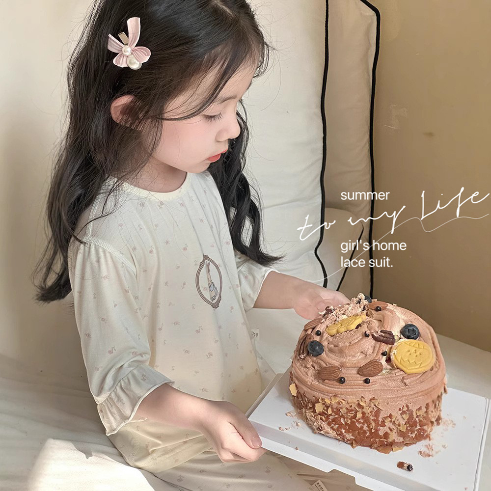 Girls' Pajamas, Summer Thin Style, 2026 New Model, Eco-Friendly Silk Lace Loungewear, Girls' Baby Air-Conditioning Clothing Set