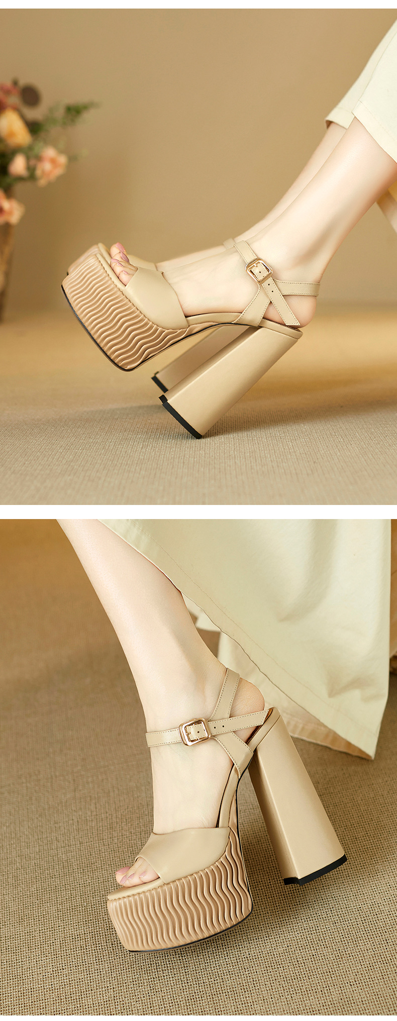 Sandal cao gót nữ quai ngang miệng cá đế xuồng 15 cm da thật — Màu đen chi tiết 6