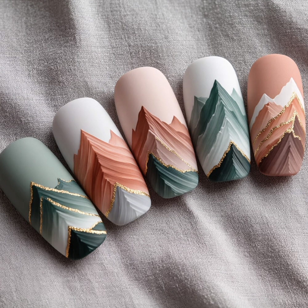 Comercio exterior paisaje polvo de brillo desgaste de uñas nuevas ventas de estilo chino de uñas 24 piezas de uñas falsas transfronterizas al por mayor