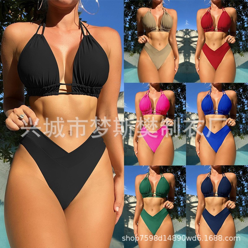 2025 New Sexy Bikini Fashion Ladies Separates Swimsuit High Elastic Solid Color European and American Swimsuit Wholesale Bikini