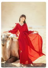 云南青海湖沙漠拍照长裙民族风红色连衣裙西藏旅游衣服女裙子超仙