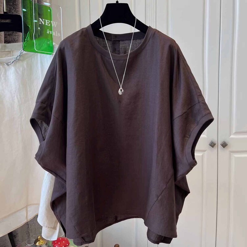 Casual Style Round Neck Batwing Sleeve T-Shirt for Women, Loose Fit, Solid Color, Summer Hot Item, High-End Feel, Trendy Solid Color Top Casual Style Round Neck Batwing Sleeve T-Shirt for Women, Loose Fit, Solid Color, Summer Hot Item, High-End Feel, Trendy Solid Color Top