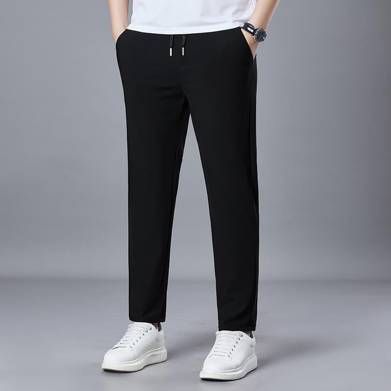 Fashion Straight-Leg Casual Pants 2025 Summer Thin Drawstring Elastic Air Conditioning Pants Long Pants Drape Ice Silk Quick-Dry Pants Men