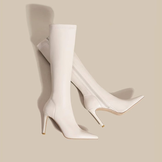 2024 New Non-slip Hepburn Style Western Style Fine Heel Fashion Boots with Skirt Shallow Mouth Niche Design Sense Long Boots