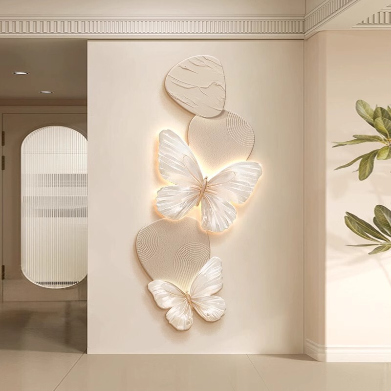 French-Style Foyer Decorative Painting Butterfly Wall Lamp Entrance Door Hanging Painting Corridor Hallway Cream Style High-End Living Room Mural