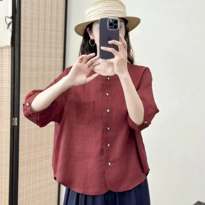 2025 夏の綿とリネン無地ショート新しいファッション気質カジュアル多用途ポケットスリムシャツ女性のための|undefined
