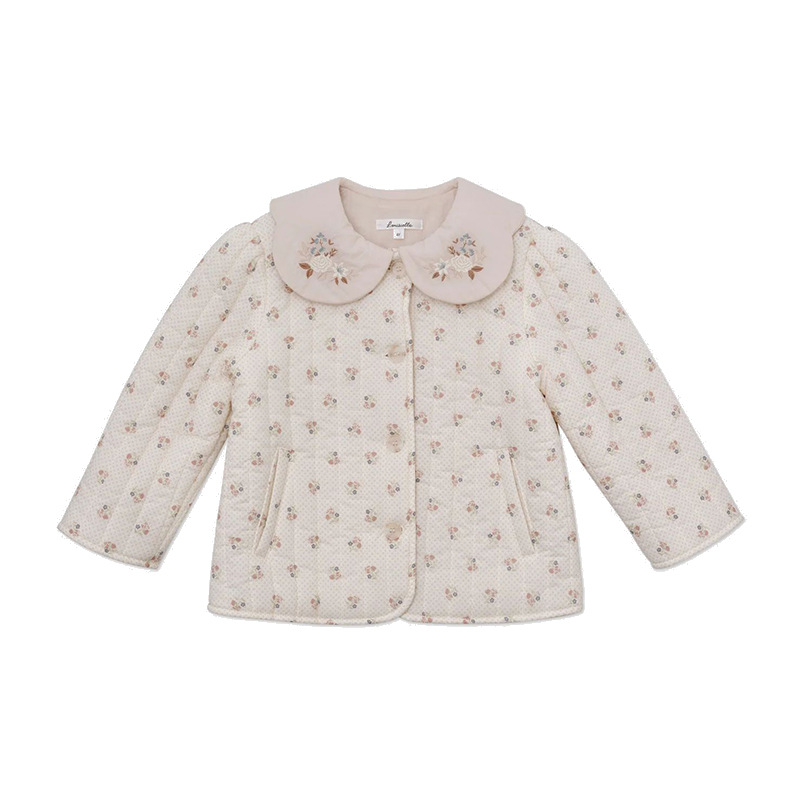 Spot LOU ropa de algodón estampada rosa invierno nuevo estilo niños pequeños y medianos algodón floral cuello redondo chaqueta acolchada para niños al por mayor