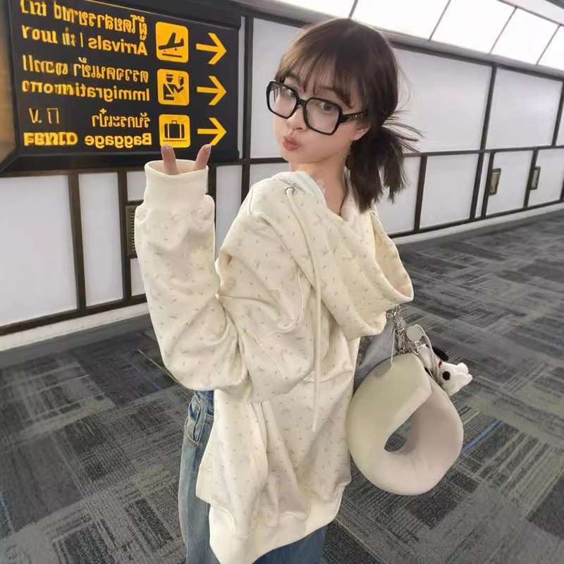 Hooded Sweater Women's Spring and Autumn 2024 New Explosions Small Early Autumn and Winter Printed Fleece Coat Cardigan Top