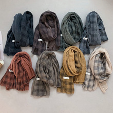 韩系复古百搭格子复古风女秋季新款棉麻文艺装饰长款小众披肩围巾