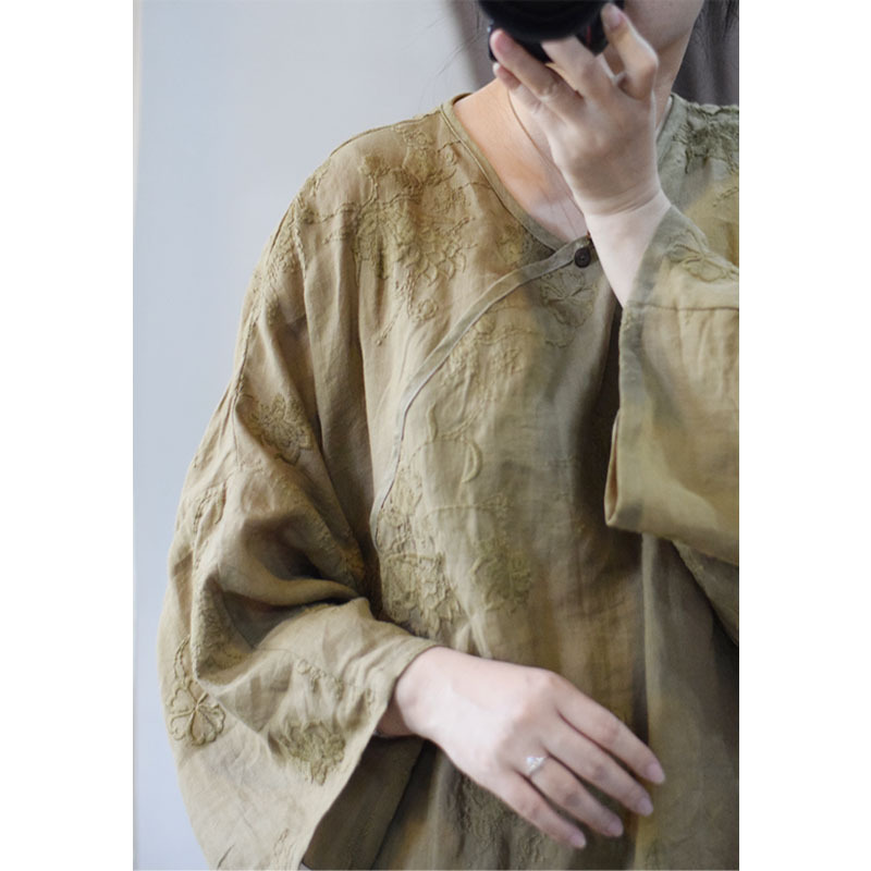 New Spring Designer new pure Ramie three-dimensional relief cotton thread embroidery retro National style cardigan shirt top 2410