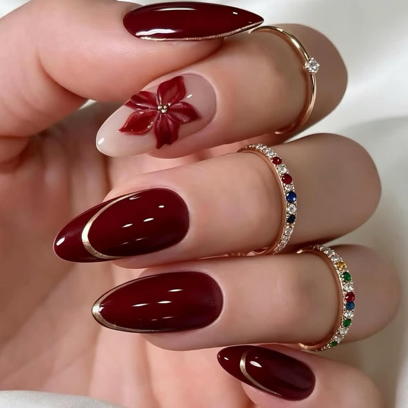 24-piece set of almond-shaped fake nails, Valentine's Day manicure patches, burgundy color, high-quality, popular foreign trade product, wearable nails 24-piece set of almond-shaped fake nails, Valentine's Day manicure patches, burgundy color, high-quality, popular foreign trade product, wearable nails