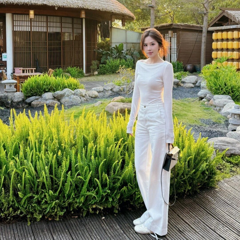 设计感白色薄款长袖上衣女2025新款夏季小个子阔腿裤打底衫两件套|undefined