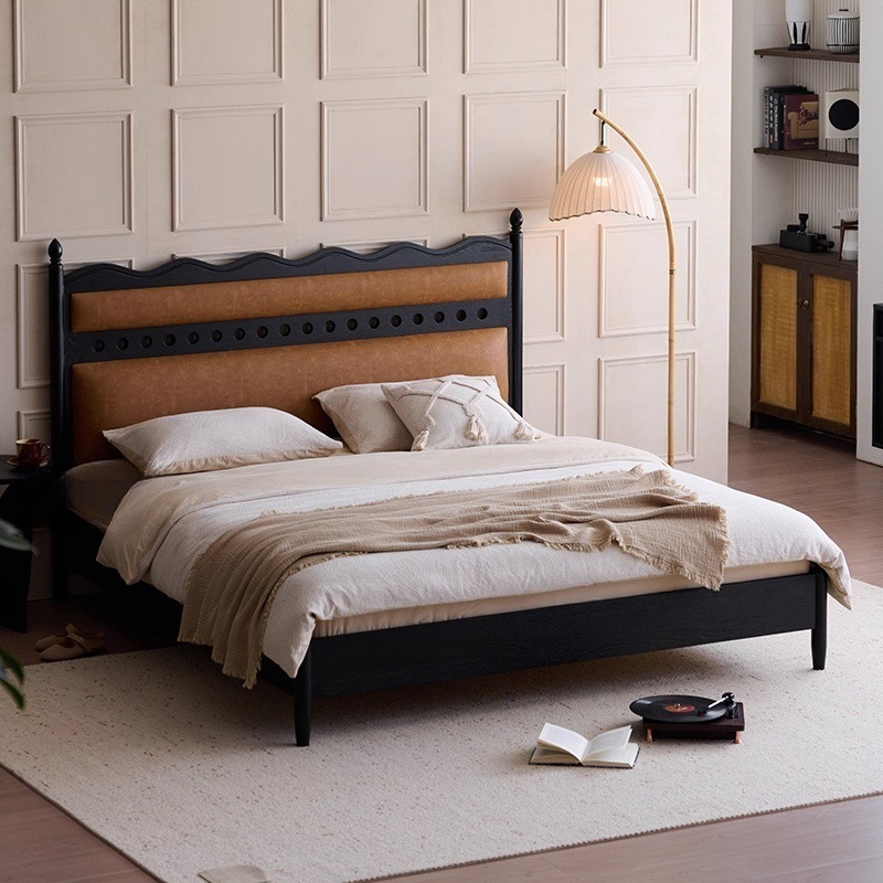 Euler Solid Wood Bed Vintage Ash Wood Black Light French Style 1.8m Bed Home Double Floor-Standing Upholstered Leather Art Bed