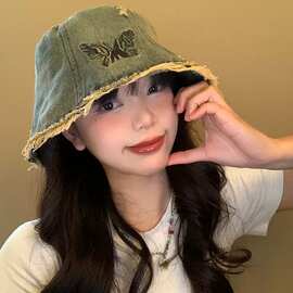 新款韩版ins复古水洗做旧蝴蝶牛仔渔夫帽春夏季百搭水桶盆帽批发