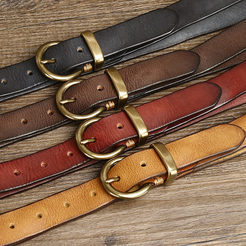 New retro pleated Korean style fashion versatile women's belt women's copper buckle genuine leather cowhide jeans belt women's style