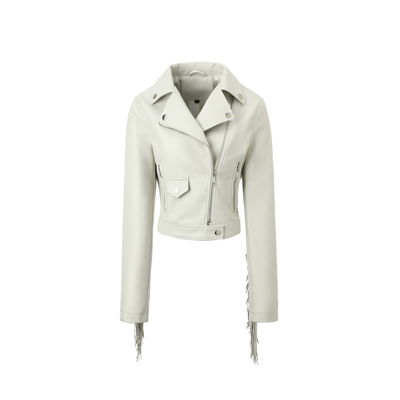 欧美女式PU皮衣短款翻领流苏外套修身显瘦机车Jacket春季新款|undefined