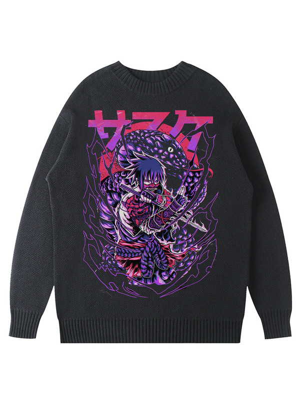 Naruto Sasuke Japanese Retro Anime Style European and American Trendy Brand Heavy Cotton Distressed Knit Sweater Round Neck Sweater