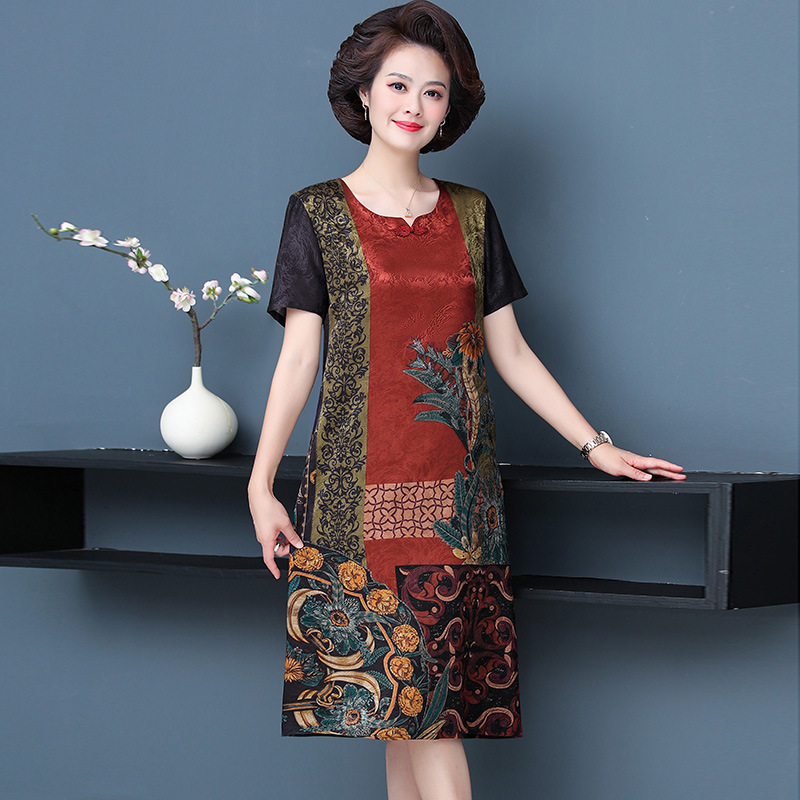 Middle-Aged and Elderly Mothers' Silk Dress Summer New Fashion Printed Large Size Fragrant Cloud Yarn Mid-Length Cheongsam Dress