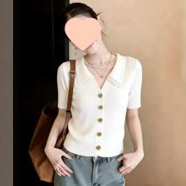 蕾丝花边翻领短袖休闲T恤女夏季大码胖mm显瘦感短款开衫上衣