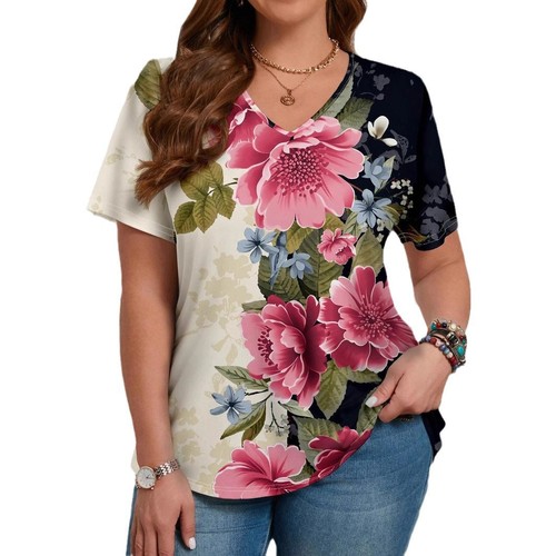 Summer Cross-Border Floral Pattern 3D Print Women's V-Neck Short-Sleeve Top Base Shirt