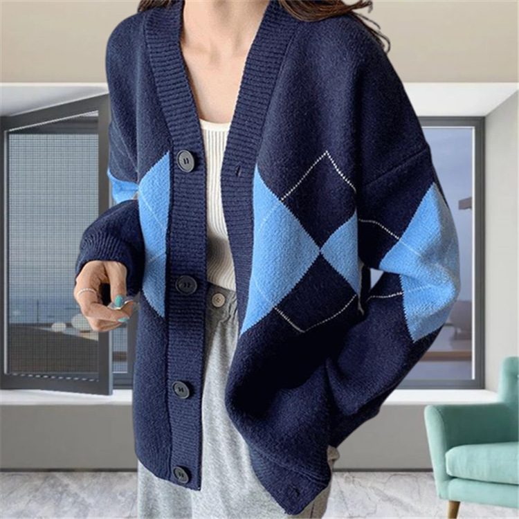 Ling karierte Pulloverjacke für Damen, Frühjahr 2024, neue koreanische Version, lockere und schlankmachende V-Ausschnitt-Strickjacke mit Knopfleiste für Damen_voghion.com