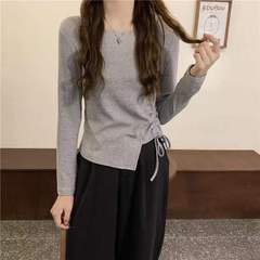 正肩长袖t恤女春秋内搭短款小个子显高别致设计感抽绳打底衫上衣