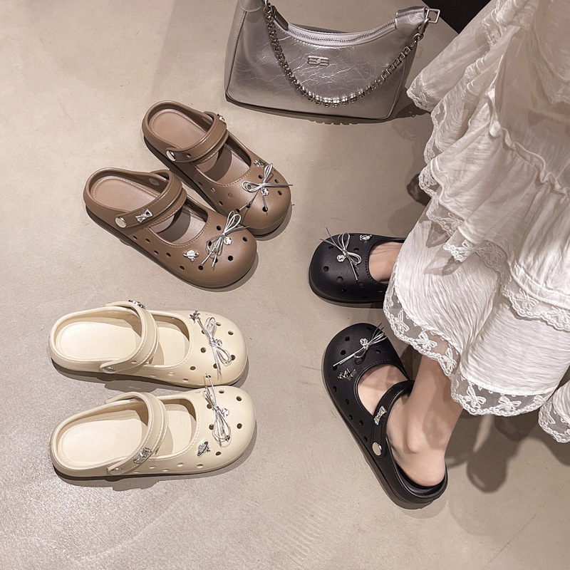 Sweet Perforated Shoes for Women, Spring Korean Style Thick-Soled Mary Jane Closed-Toe Sandals with Bowknot, Hollow-Out Casual Versatile Slippers Sweet Perforated Shoes for Women, Spring Korean Style Thick-Soled Mary Jane Closed-Toe Sandals with Bowknot, Hollow-Out Casual Versatile Slippers