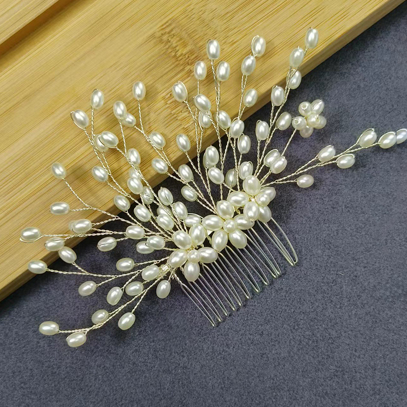 歐美跨境珍珠插梳手工編織發梳古風漢服髮飾婚禮秀禾新娘頭飾批發