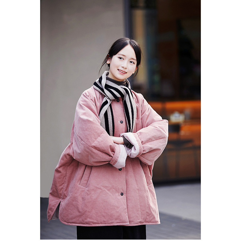 秋冬款樱花粉保暖加绒加厚宽松翻领衬衫式羽绒服女外套