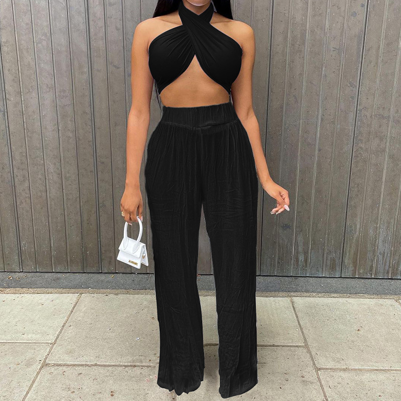 women's solid color vest loose cotton and linen wide-leg pants suit nihaostyles clothing wholesale NSLAI76351