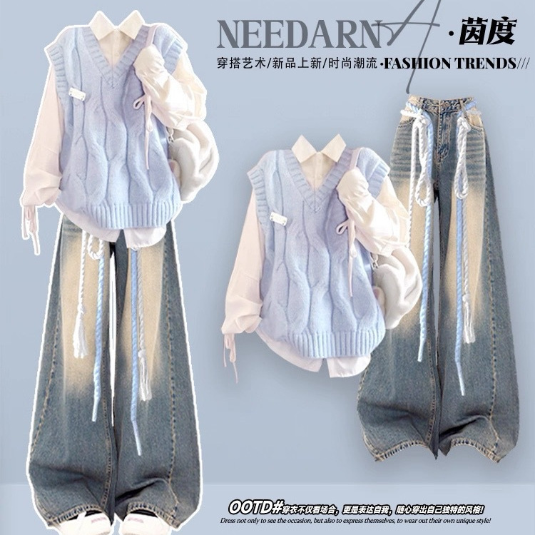 Autumn New Style Gentle Outfit for Women, Korean Style Age-Reducing Vest Shirt Paired with Loose Slimming Jeans Three-Piece Set
