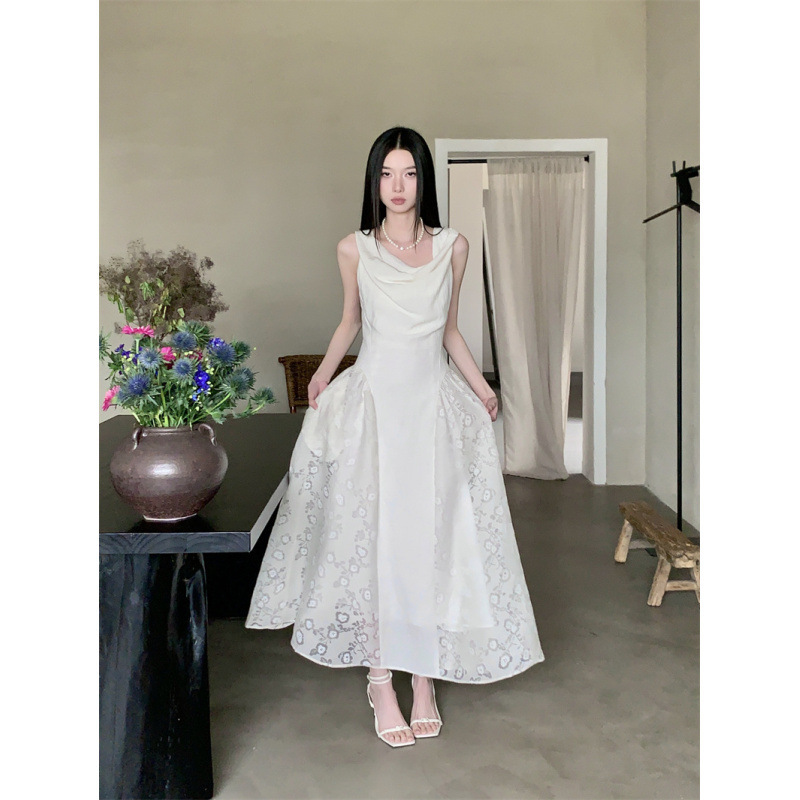 Real Shot of Summer White Moonlight Small White Skirt Retro Swing Collar Lace One-Shoulder Dress