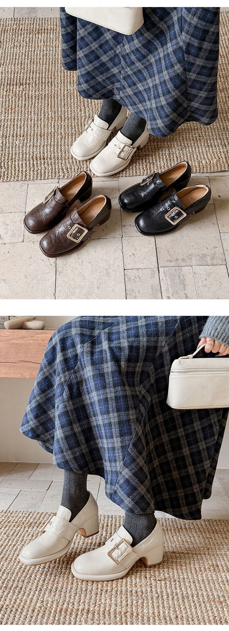 Giày cao gót nữ loafer da cừu gót vuông 7 cm — màu nâu chi tiết 22