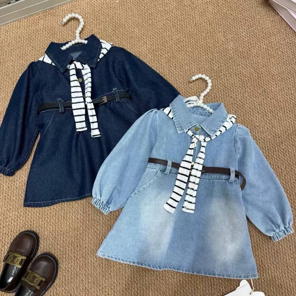Girls' Denim Dress 2026 Autumn Korean Sweet Cool Style with Shawl Long Sleeve A-line Denim Dress Children's Clothing Wholesale