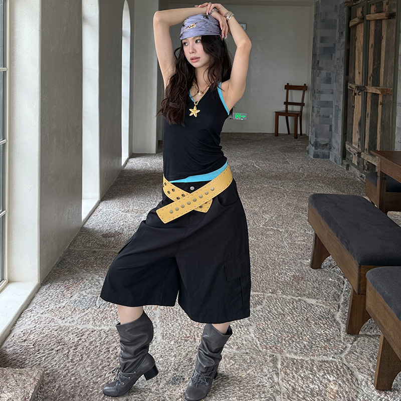 MMFISH pantalones cortos de bolsillo grande de la calle de moda, pantalones rectos, holgados, de cintura baja, piernas anchas, un mono 25K261