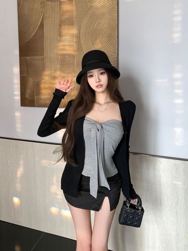 韩系黑色针织外套女早秋季2025新款开衫配抹胸吊带上衣套装|undefined