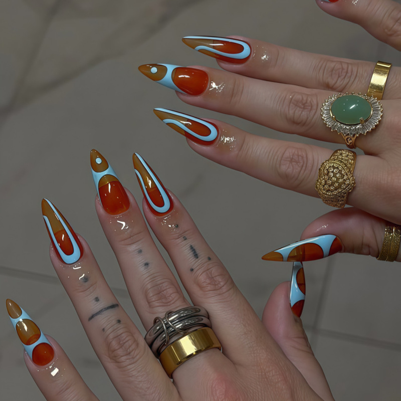 Retro blue line press-on nails, extra-long pointed almond-shaped fake nails, cross-border nail art, press-on nail wholesale Retro blue line press-on nails, extra-long pointed almond-shaped fake nails, cross-border nail art, press-on nail wholesale