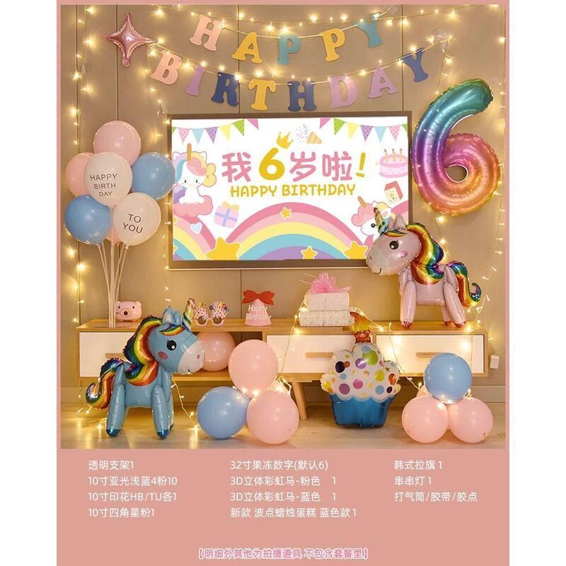 独角兽女孩生日装饰场景布置电视投屏儿童周岁卡通背景墙宝宝套餐|undefined