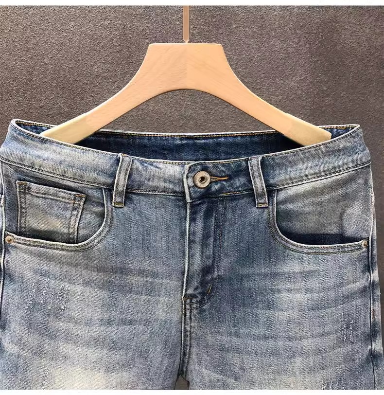 Light Blue Men's Distressed Denim Shorts High Waist Stylish Straight Leg Mid-Length Five Pocket Summer Trendy Clothing_mkmklike.com