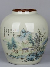 大清光绪年制款粉彩山水纹豆青酱釉口罐仿古瓷器古玩古董收藏摆件