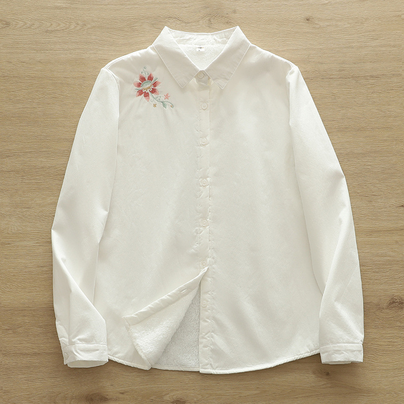 2024冬季新款刺绣石榴花加绒加厚女士开衫冬季保暖衬衫批发潮