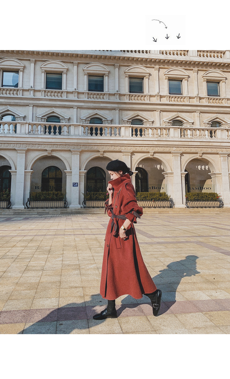 Women's Long Woolen Coat Brick Red Hepburn Style Winter Overcoat_voghion.com