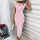 2025 cross-border elegant waist strap striped round neck short sleeve long dress summer women's high-end women's clothing