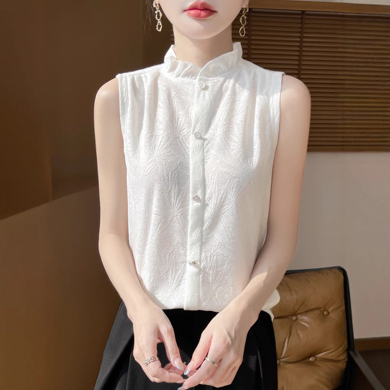 French Style Sleeveless Ear Collar Base 2025 Summer New Satin Lotus Leaf Shirt Top High Sense Vest